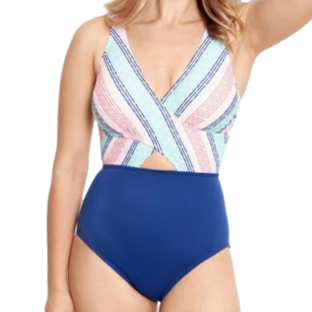 Slimming Control Wrap-Front cutout One Piece Swimsuit Beach Betty stripe blue xl